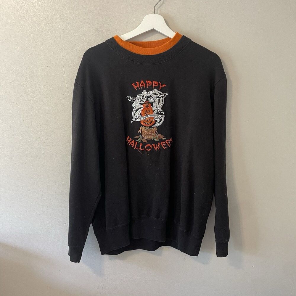 Vintage Halloween Pumpkin Black Sweatshirt Medium Y2K Lauren Brooke Sz L